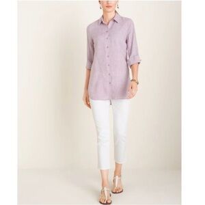 CHICO’S 1 US 8/10 No Iron Linen Button Up Lavender Tunic Length Shirt Mature